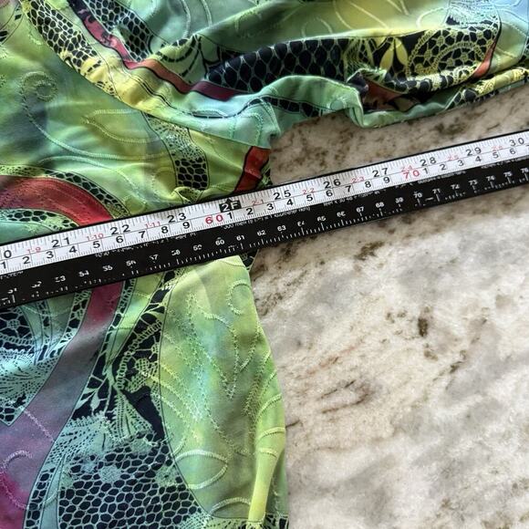 Cocomo Y2K Paisley Blouse 1X Plus Boho Roll Tab Green Stretchy Pleated Abstract - Picture 9 of 11